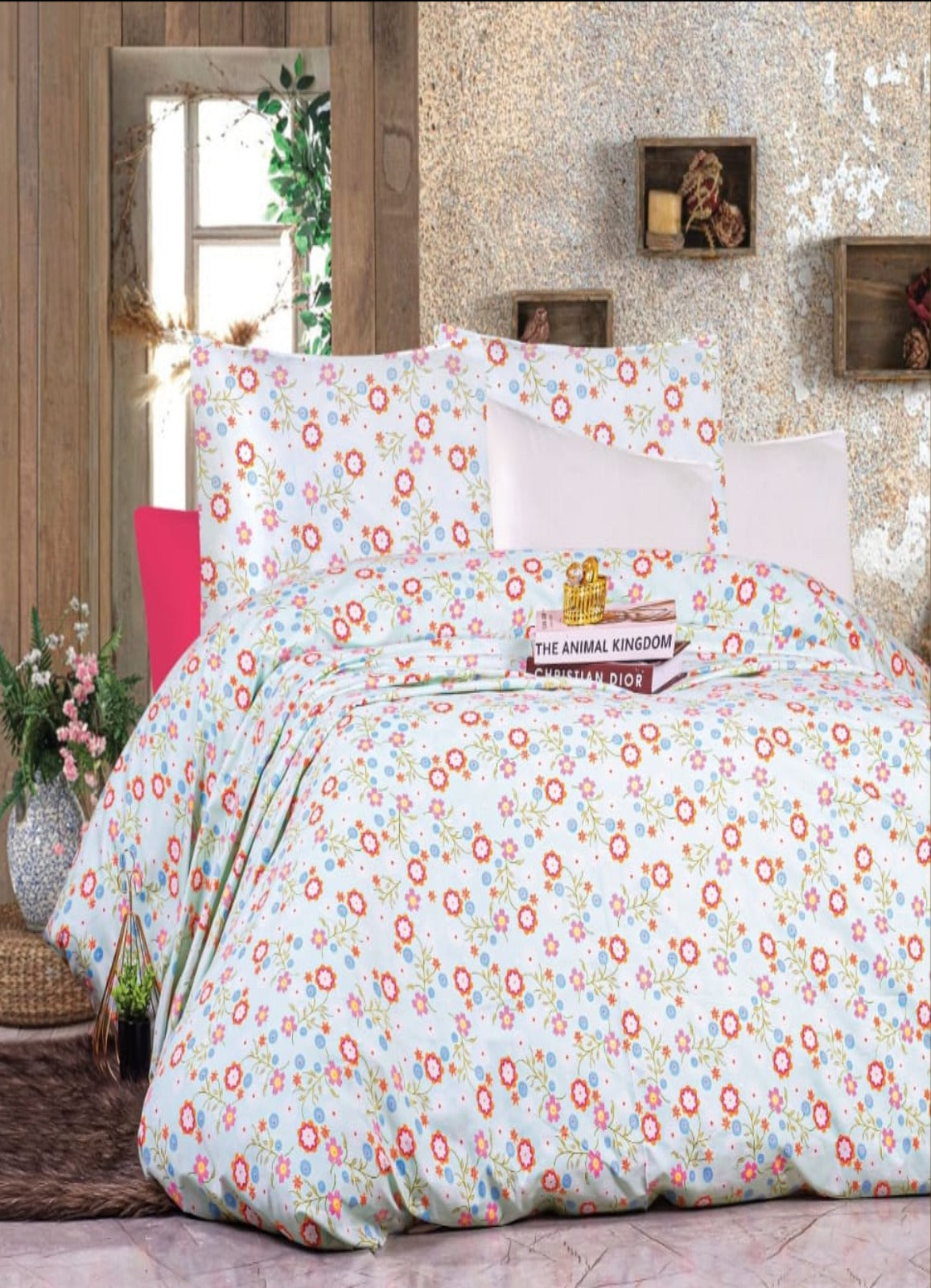 مفرش سرير قطن لبني منقوش 4 قطع