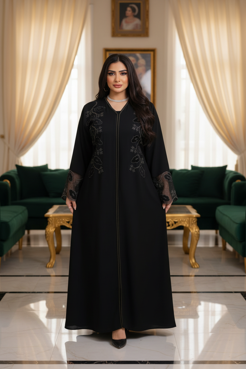 عباية خليجي سوداء حرير خروج حريمى كود 454