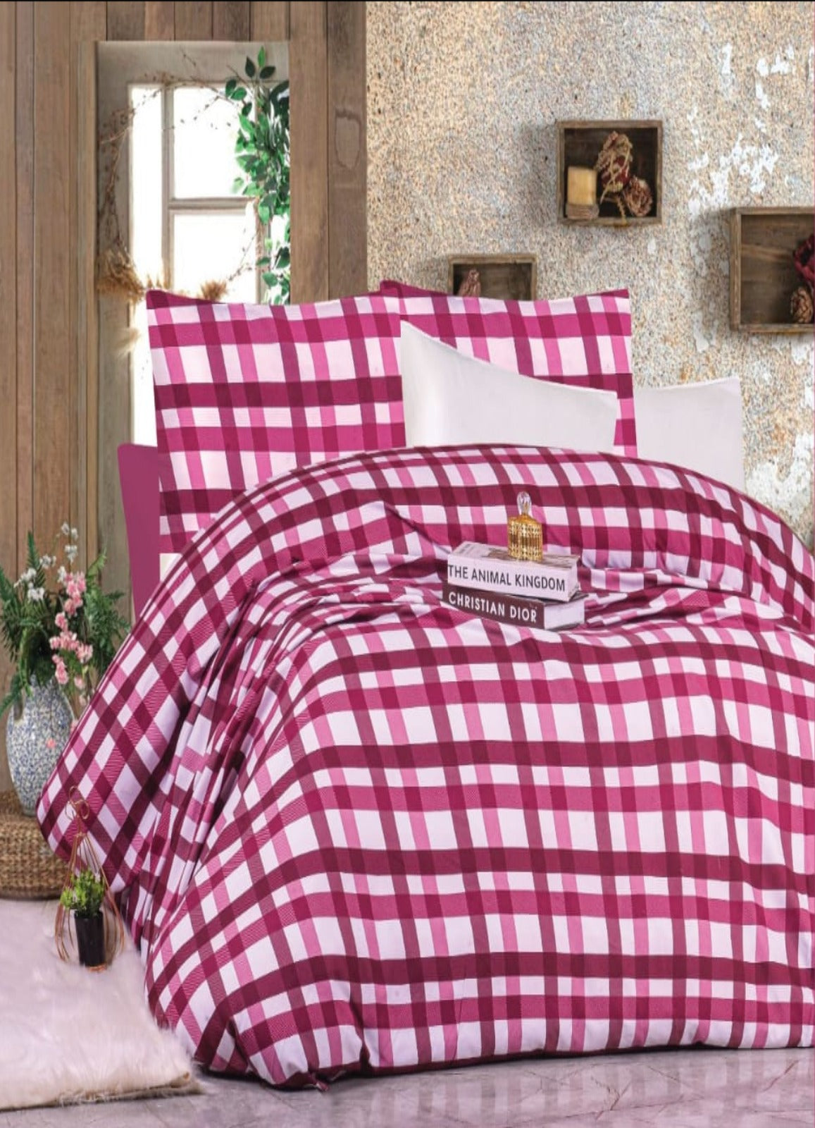 مفرش سرير قطن فوشيا منقوش 4 قطع