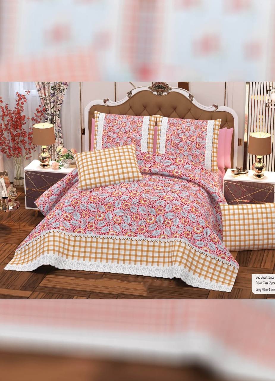 مفرش سرير قطن احمر منقوش 4 قطع