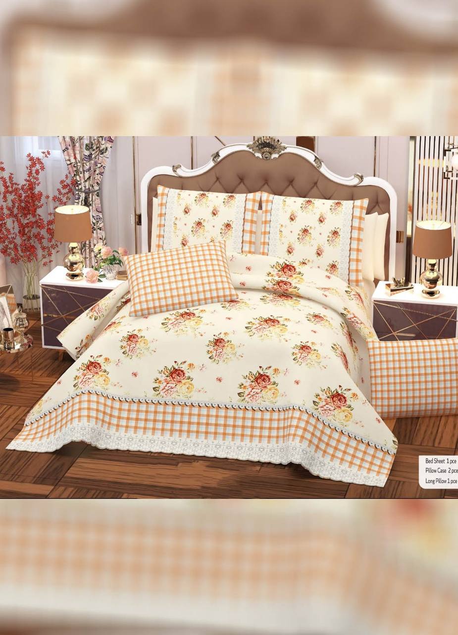 مفرش سرير قطن لون بيج منقوش 4 قطع