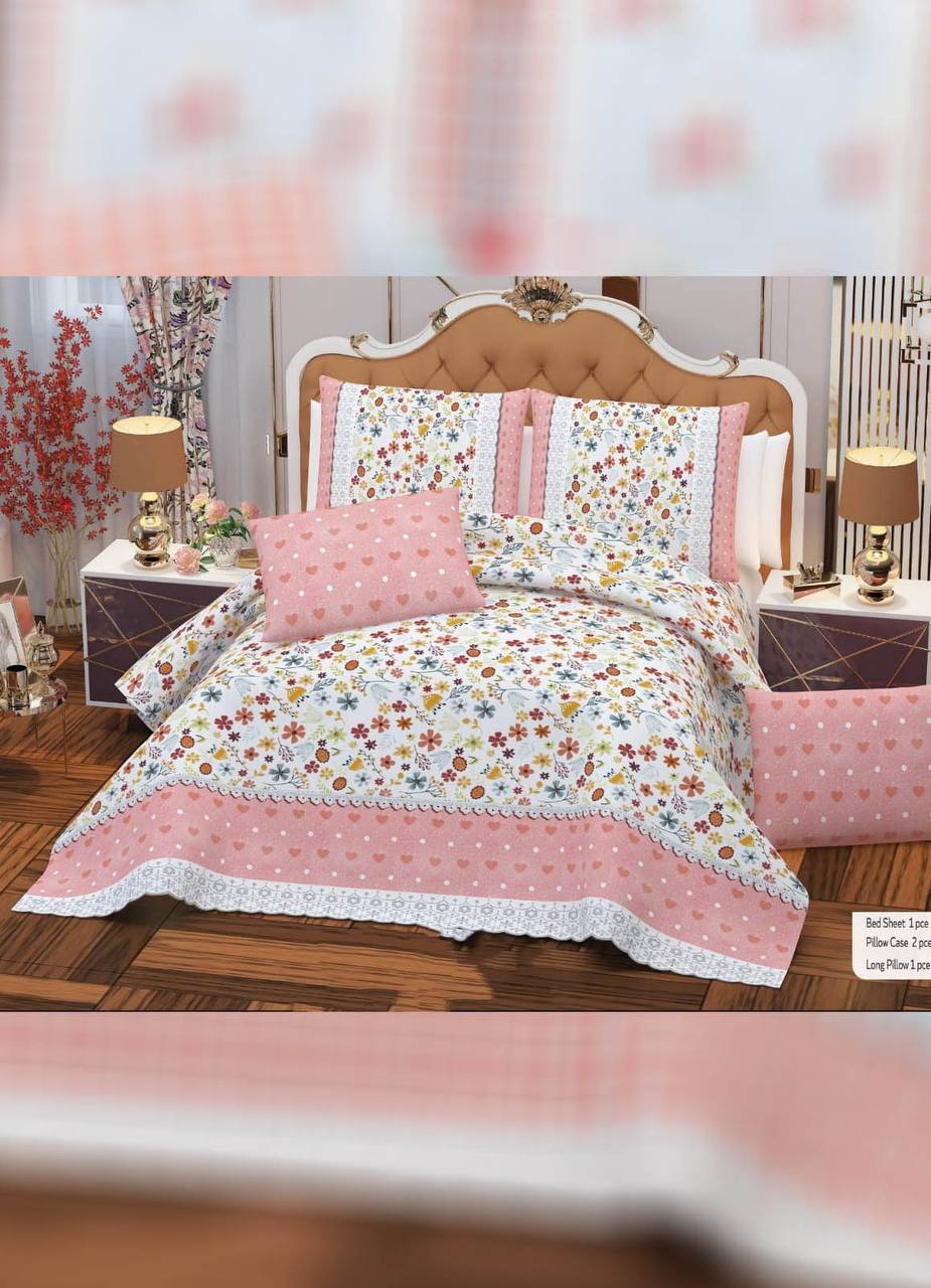 مفرش سرير قطن بينك منقوش 4 قطع