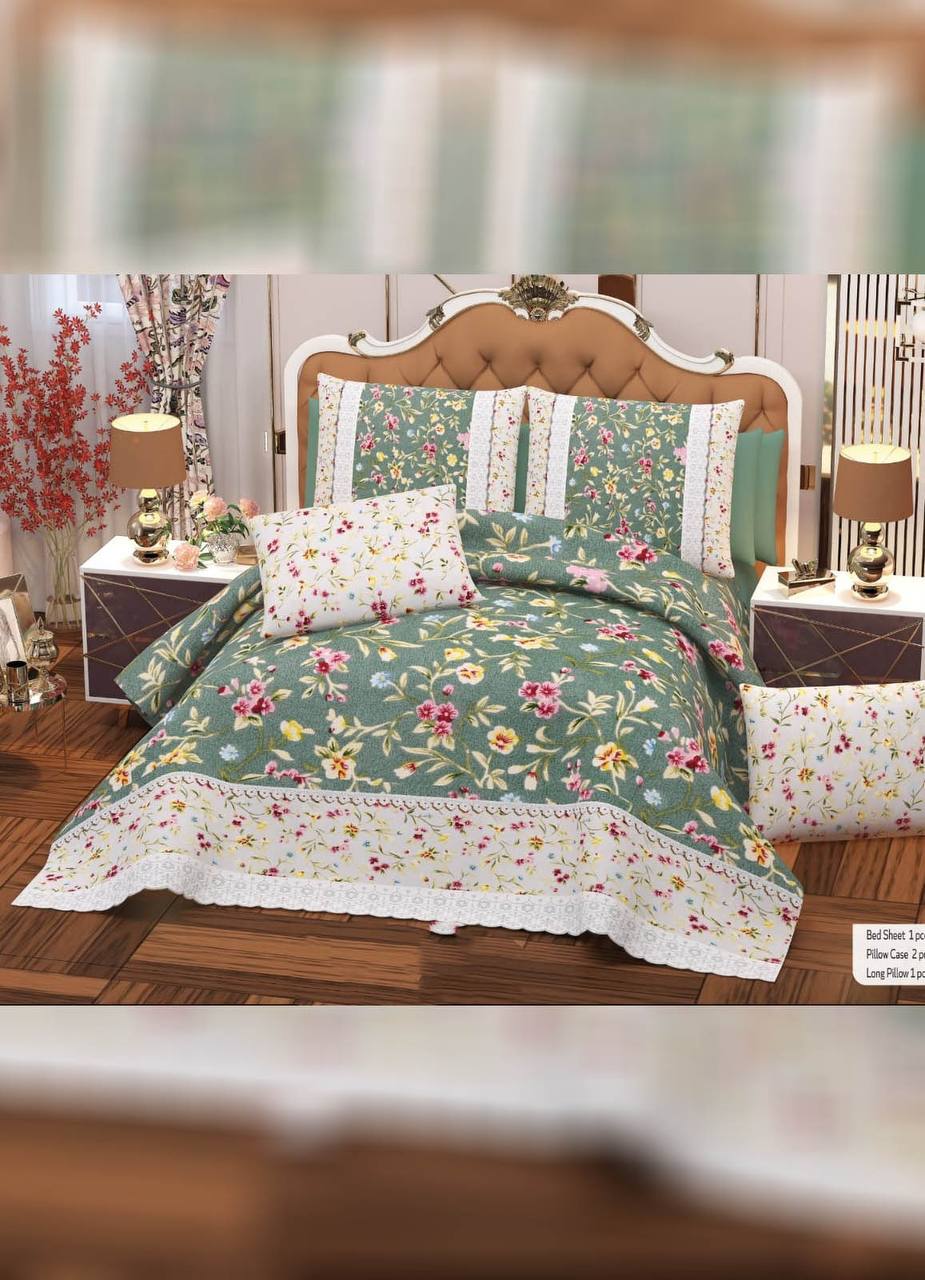 مفرش سرير قطن اخضر منقوش 4 قطع