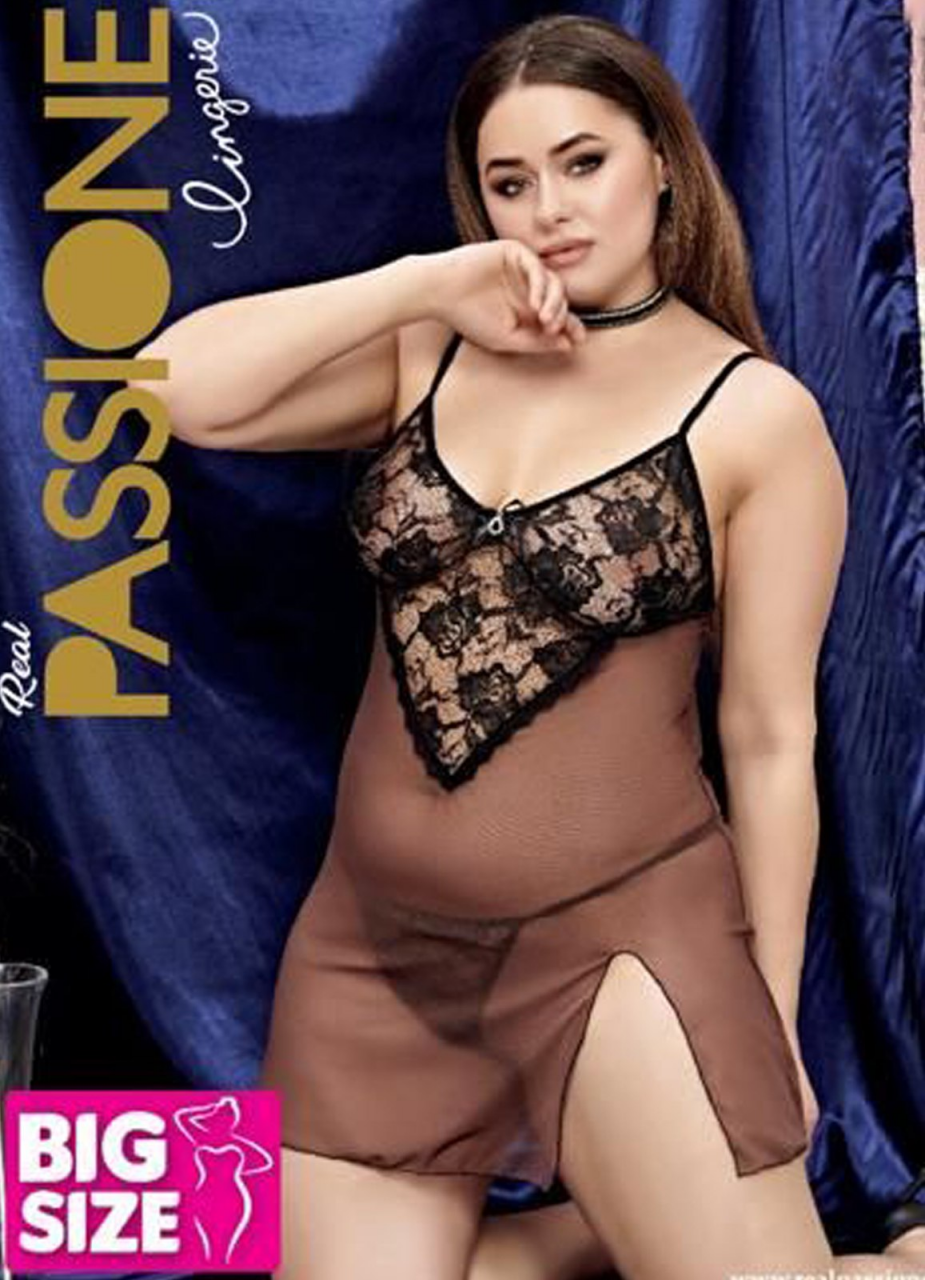 لانجيرى شيفون بيج سايز 5235 لون بني دانتيل اسود