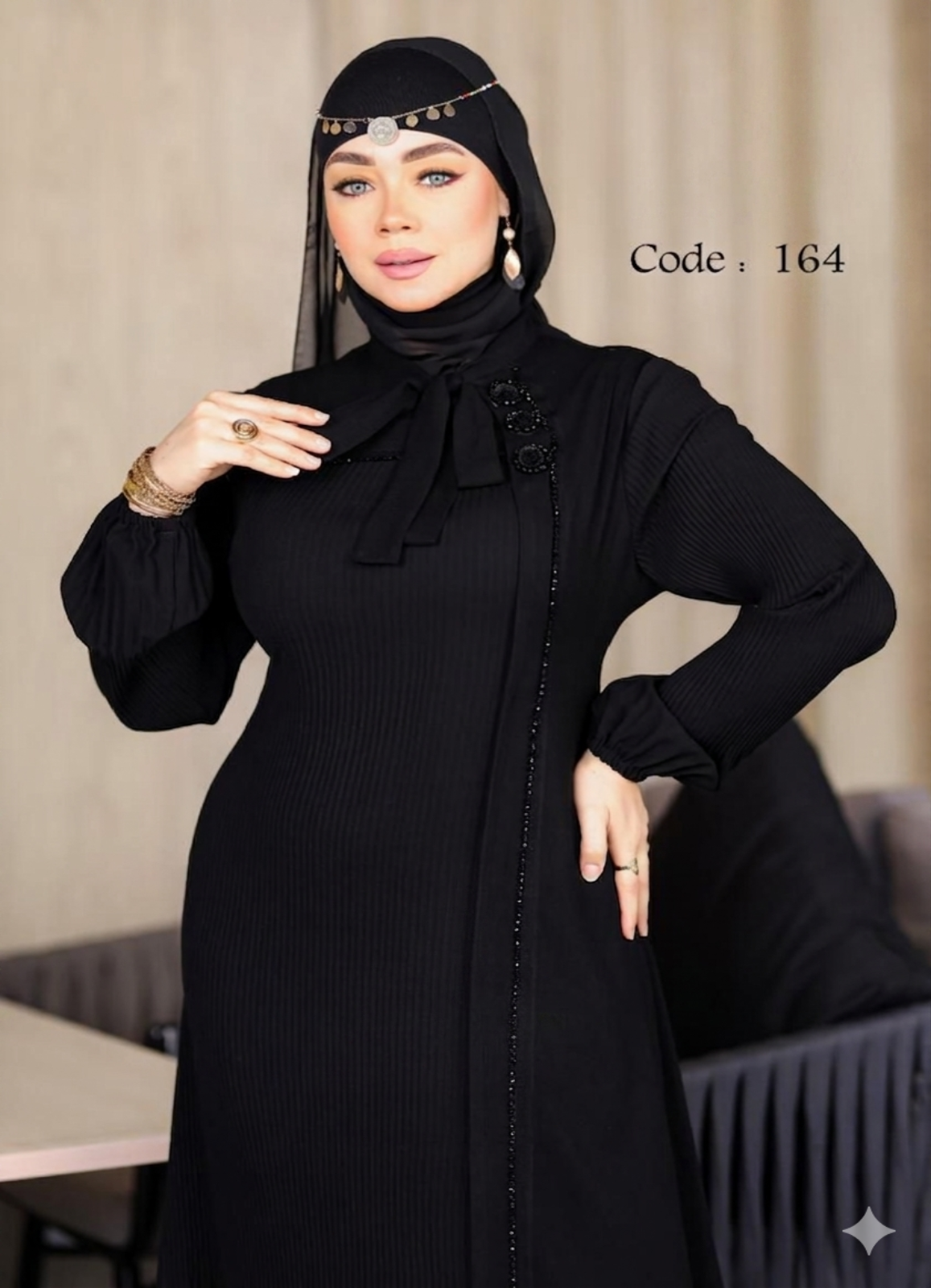 0164 عباية خليجي سوداء  حرير  كود
