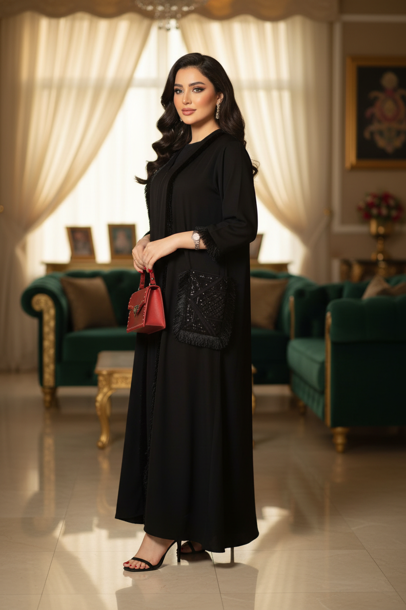 عباية خليجي سوداء حرير خروج حريمى كود 161