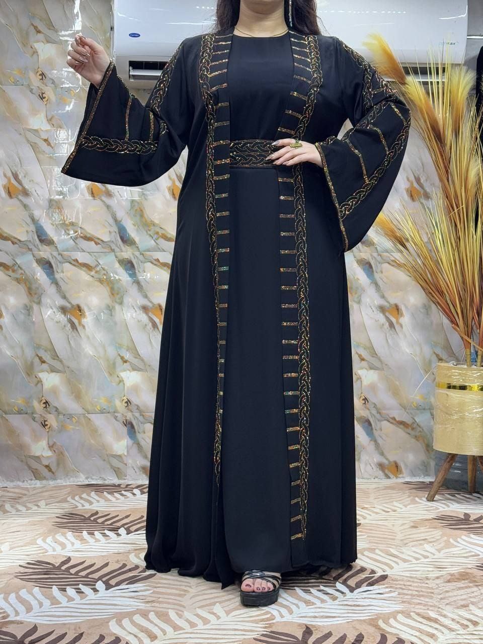 عبايه خليجي حرير قطعتين روب استرس حريمى كود 2021