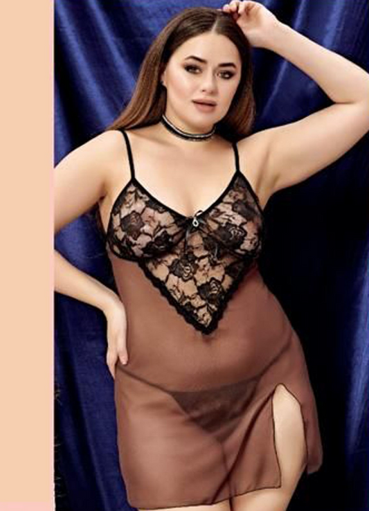 لانجيرى شيفون بيج سايز 5235 لون بني دانتيل اسود