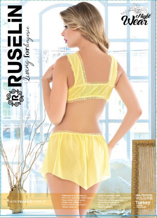 ﻻنجري تركي 2 قطعة اصفر شيفون 3289 ناعم من لبسي